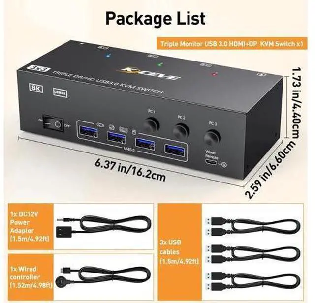 Alt view image 6 of 7 - 3-In-3-Out Triple Monitor HDMI+DP KVM Switch 8K@30Hz 4K@144Hz, USB 3.0 KVM Switcher for 3 PCs Share 3 Displays & 4 USB 3.0 Peripherals
