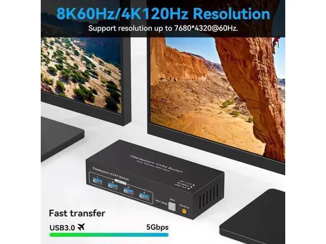 Alt view image 4 of 7 - 2-Port Dual Monitor DP USB3.0 KVM Switch, 8K/4K@120Hz, 4 USB Ports, With 12V/1A Adapter, Wired Remote & 2 USB3.0 Cables