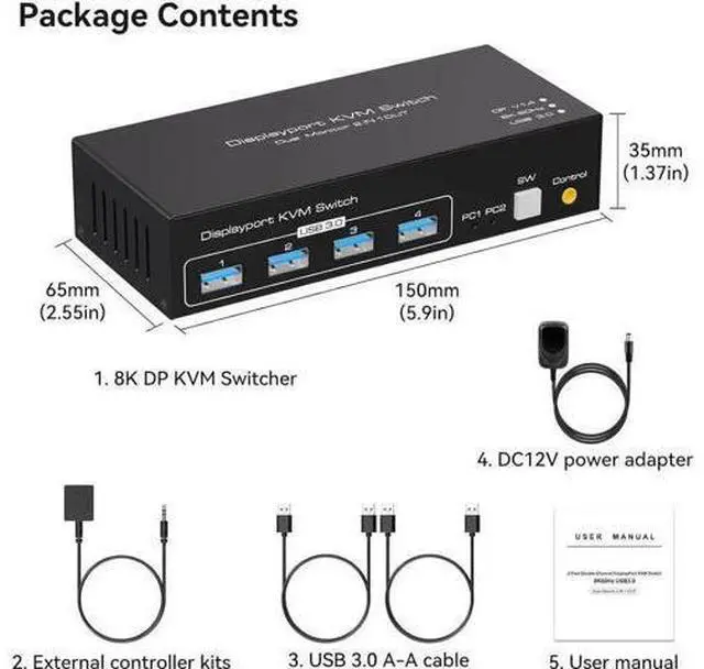 Alt view image 5 of 7 - 2-Port Dual Monitor DP USB3.0 KVM Switch, 8K/4K@120Hz, 4 USB Ports, With 12V/1A Adapter, Wired Remote & 2 USB3.0 Cables