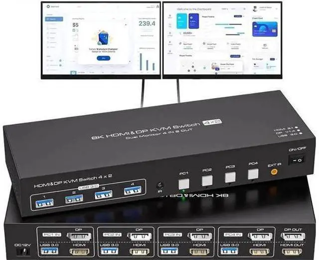 Main image of 4 Port Hybrid HDMI+DP Dual Monitor KVM Switch, 8K@60Hz 4K@120Hz USB3.0 KVM Switcher with 4 USB3.0 Ports, Remote Control & Power Adapter for 4 PCs Share 2 Displays, Support Extend & Mirror Mode