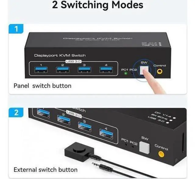 Alt view image 7 of 7 - 2-Port Dual Monitor DP USB3.0 KVM Switch, 8K/4K@120Hz, 4 USB Ports, With 12V/1A Adapter, Wired Remote & 2 USB3.0 Cables