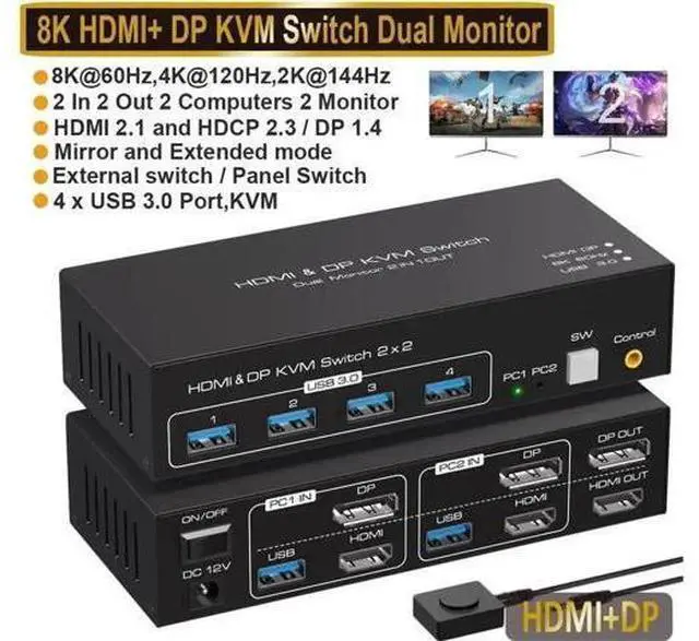 Main image of 2-Port HDMI+DP Dual Monitor KVM Switch, 8K@60Hz 4K@120Hz, 4 USB3.0 Ports, External Wired Controller & 2 USB Cables Included