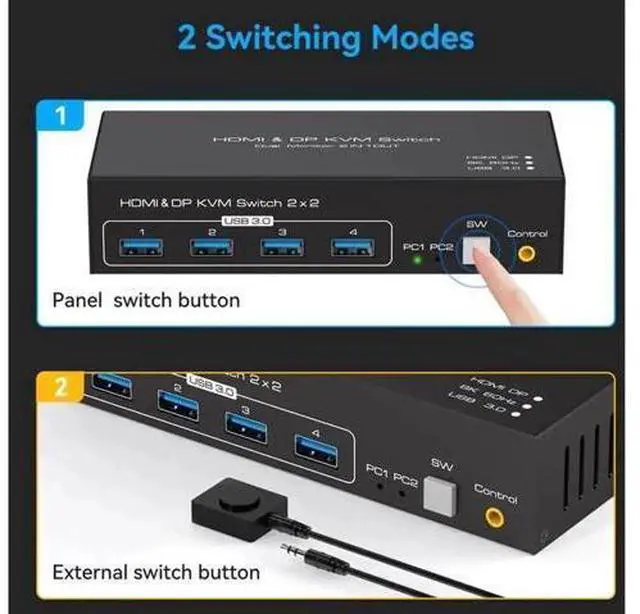 Alt view image 4 of 7 - 2-Port HDMI+DP Dual Monitor KVM Switch, 8K@60Hz 4K@120Hz, 4 USB3.0 Ports, External Wired Controller & 2 USB Cables Included
