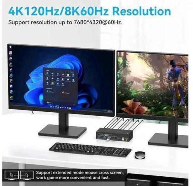 Alt view image 6 of 7 - 2-Port HDMI+DP Dual Monitor KVM Switch, 8K@60Hz 4K@120Hz, 4 USB3.0 Ports, External Wired Controller & 2 USB Cables Included