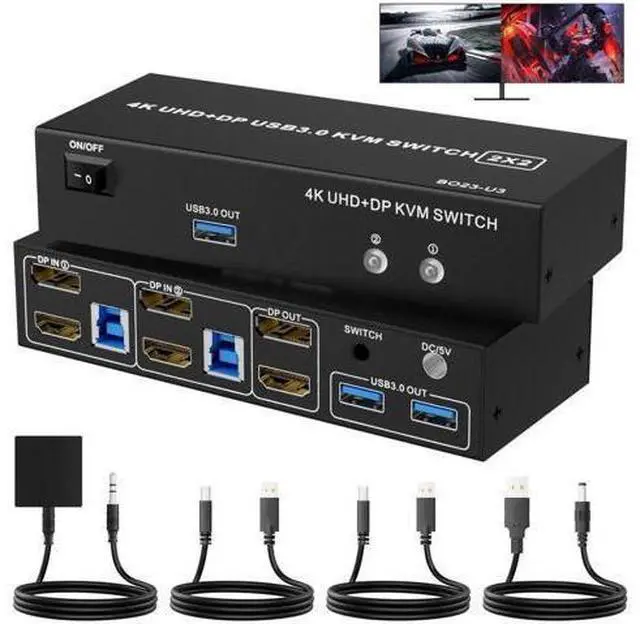 Main image of 2-Port HDMI+DP Dual Monitor KVM Switch 4K@60Hz, 3 USB3.0 Ports, Wired Switch Button & 2 USB Cables Included