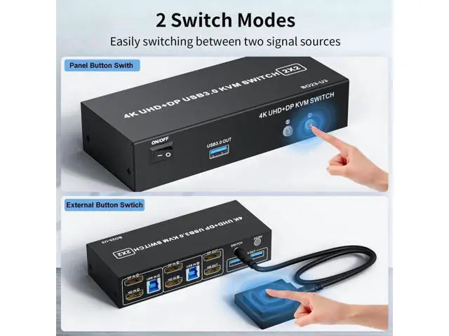 Alt view image 2 of 7 - 2-Port HDMI+DP Dual Monitor KVM Switch 4K@60Hz, 3 USB3.0 Ports, Wired Switch Button & 2 USB Cables Included
