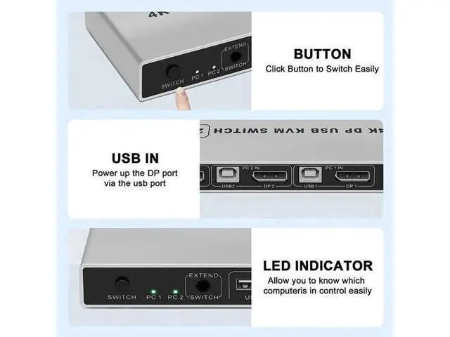 Alt view image 2 of 6 - 2 Port DP 1.4 KVM Switch 2 In 1 Out 4K@60Hz, USB Sharing for Keyboard Mouse Printer, USB Power Cable Included