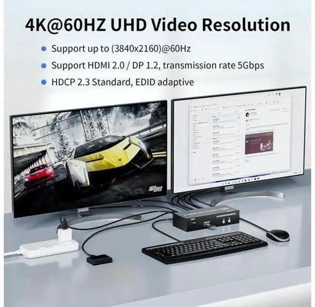Alt view image 7 of 7 - 2-Port HDMI+DP Dual Monitor KVM Switch 4K@60Hz, 3 USB3.0 Ports, Wired Switch Button & 2 USB Cables Included