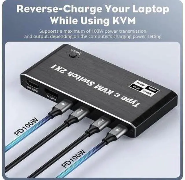 Alt view image 2 of 7 - 2 Port USB-C KVM Switch 8K@60Hz 4K@120Hz, Dual Output HDMI+DP Type-C KVM Switcher for 2 PCs Share Single Monitor, 100W PD Charging, 3 USB 2.0 Ports, 2 USB-C Cables Included