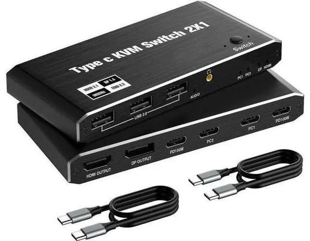 Main image of 2 Port USB-C KVM Switch 8K@60Hz 4K@120Hz, Dual Output HDMI+DP Type-C KVM Switcher for 2 PCs Share Single Monitor, 100W PD Charging, 3 USB 2.0 Ports, 2 USB-C Cables Included