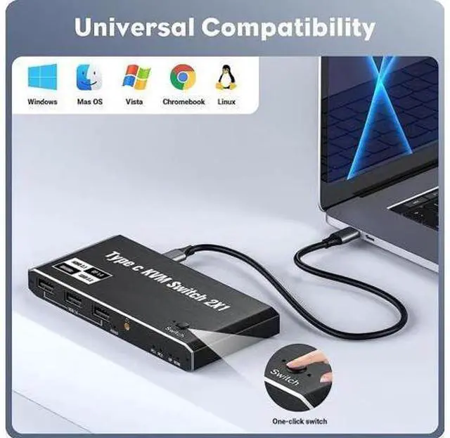 Alt view image 4 of 7 - 2 Port USB-C KVM Switch 8K@60Hz 4K@120Hz, Dual Output HDMI+DP Type-C KVM Switcher for 2 PCs Share Single Monitor, 100W PD Charging, 3 USB 2.0 Ports, 2 USB-C Cables Included