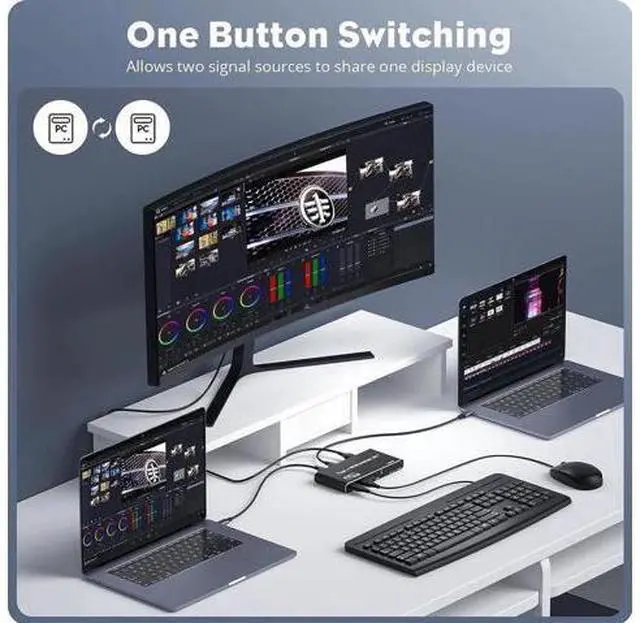 Alt view image 3 of 7 - 2 Port USB-C KVM Switch 8K@60Hz 4K@120Hz, Dual Output HDMI+DP Type-C KVM Switcher for 2 PCs Share Single Monitor, 100W PD Charging, 3 USB 2.0 Ports, 2 USB-C Cables Included