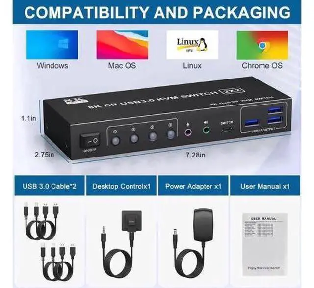 Alt view image 6 of 7 - 2 Port Dual Monitor DP USB3.0 KVM Switch 8K@60Hz/4K@144Hz, 3.5mm Audio Jack, 3 USB3.0 Ports & Wired Remote for 2 PCs