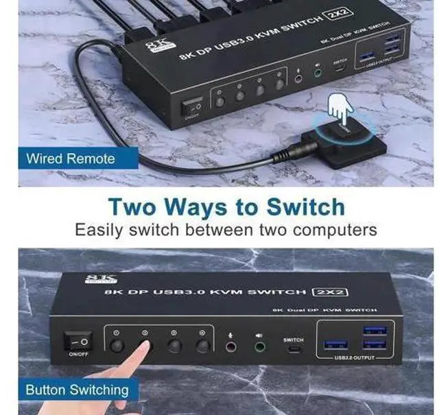 Alt view image 7 of 7 - 2 Port Dual Monitor DP USB3.0 KVM Switch 8K@60Hz/4K@144Hz, 3.5mm Audio Jack, 3 USB3.0 Ports & Wired Remote for 2 PCs
