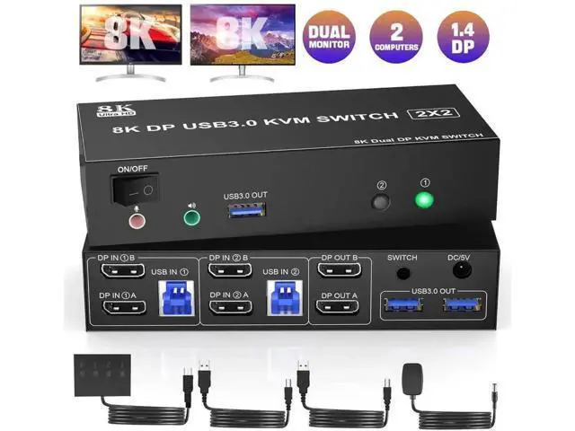 Alt view image 2 of 7 - 2 Port DP 1.4 Dual Monitor USB 3.0 KVM Switch 8K@60Hz, Separate Audio & Mic Jacks, 3 USB3.0 Ports, Wired Remote & 2 USB Cables Included