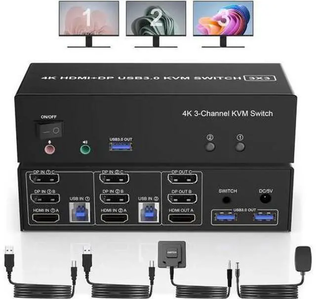 Main image of 2 PCs Triple Monitor HDMI+2DP KVM Switch 4K@60Hz USB 3.0, Audio & Mic Jack, 3 USB 3.0 Ports for Sharing Keyboard Mouse & 3 Displays