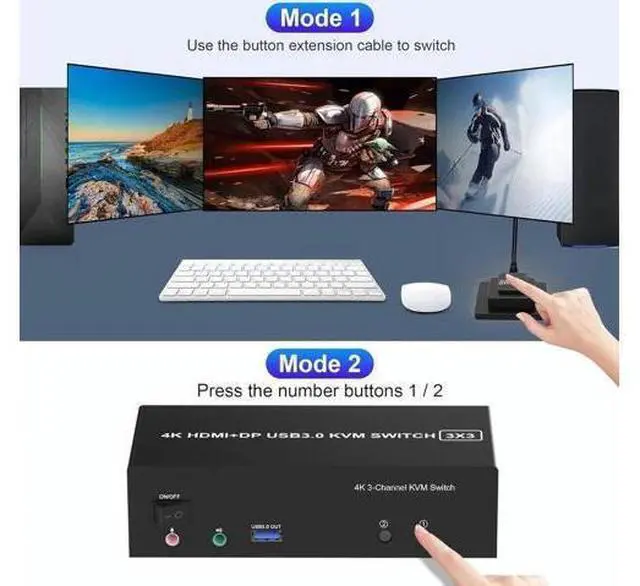 Alt view image 7 of 7 - 2 PCs Triple Monitor HDMI+2DP KVM Switch 4K@60Hz USB 3.0, Audio & Mic Jack, 3 USB 3.0 Ports for Sharing Keyboard Mouse & 3 Displays