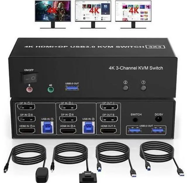 Main image of 2 PCs Triple Monitor KVM Switch (1 HDMI + 2 DisplayPort) USB 3.0, 4K@60Hz, Built-in Audio & 3 USB3.0 Ports for Sharing 3 Monitors, Keyboard & Mouse