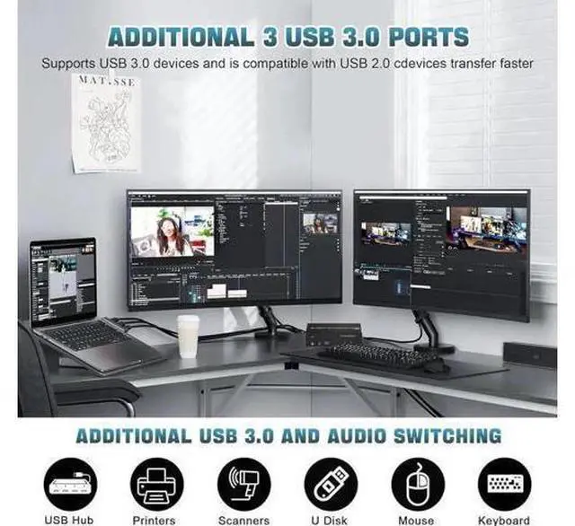 Alt view image 4 of 7 - 2 PCs Triple Monitor KVM Switch (1 HDMI + 2 DisplayPort) USB 3.0, 4K@60Hz, Built-in Audio & 3 USB3.0 Ports for Sharing 3 Monitors, Keyboard & Mouse