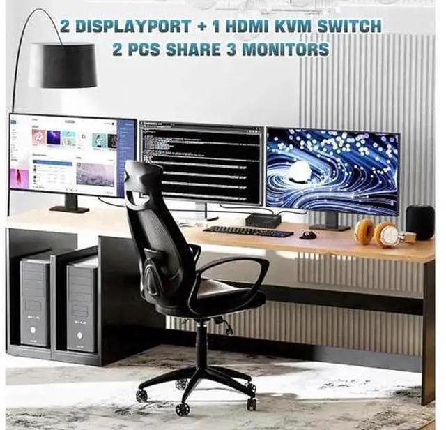 Alt view image 7 of 7 - 2 PCs Triple Monitor KVM Switch (1 HDMI + 2 DisplayPort) USB 3.0, 4K@60Hz, Built-in Audio & 3 USB3.0 Ports for Sharing 3 Monitors, Keyboard & Mouse
