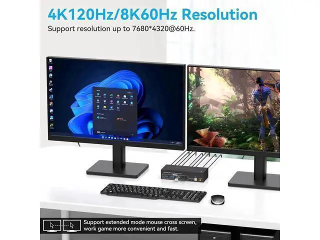 Alt view image 3 of 7 - 2 Port Dual Monitor HDMI DP KVM Switch 8K@60Hz, 2 PCs Share 2 Screens, 4 USB 3.0 Ports, Duplicate & Extended Display with Desktop Switch Controller