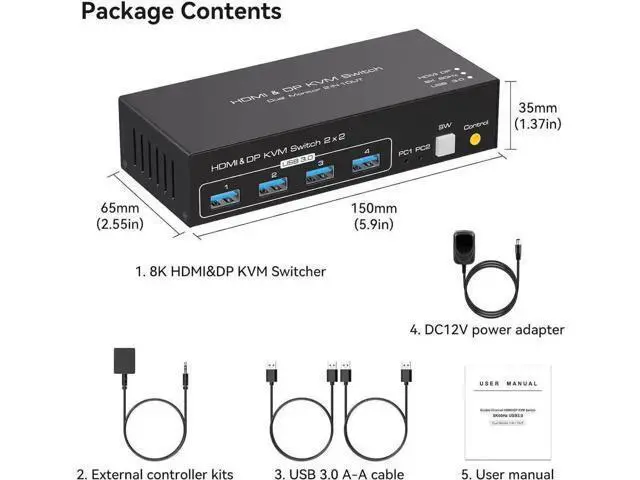 Alt view image 5 of 7 - 2 Port Dual Monitor HDMI DP KVM Switch 8K@60Hz, 2 PCs Share 2 Screens, 4 USB 3.0 Ports, Duplicate & Extended Display with Desktop Switch Controller