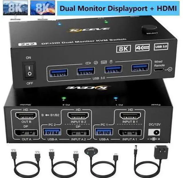 Main image of 2 Port Hybrid HDMI + DP Dual Monitor USB 3.0 KVM Switch, 8K@60Hz, 4 USB3.0 Ports for 2 PCs Sharing 2 Monitors, Keyboard & Mouse