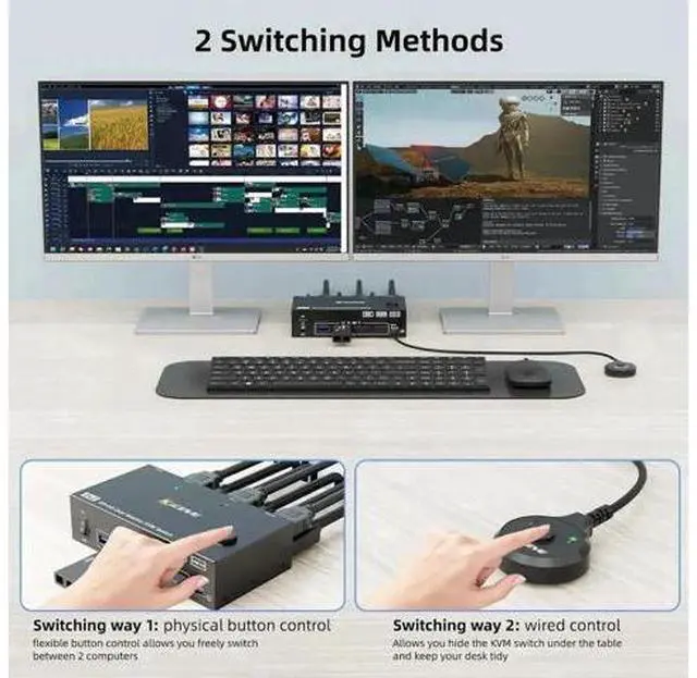 Alt view image 3 of 7 - 2 Port Hybrid HDMI + DP Dual Monitor USB 3.0 KVM Switch, 8K@60Hz, 4 USB3.0 Ports for 2 PCs Sharing 2 Monitors, Keyboard & Mouse