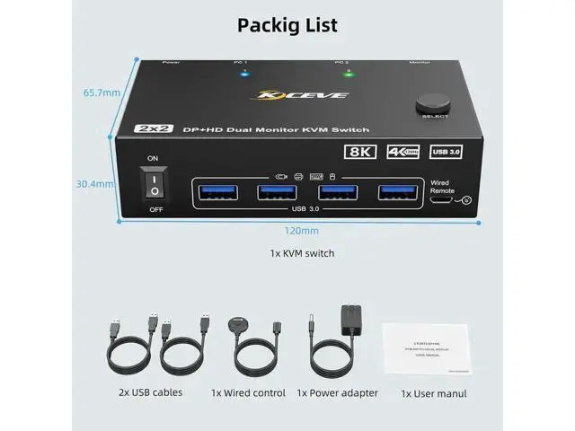 Alt view image 5 of 7 - 2 Port Hybrid HDMI + DP Dual Monitor USB 3.0 KVM Switch, 8K@60Hz, 4 USB3.0 Ports for 2 PCs Sharing 2 Monitors, Keyboard & Mouse
