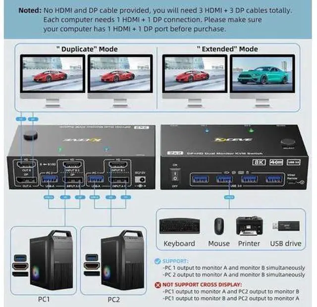 Alt view image 6 of 7 - 2 Port Hybrid HDMI + DP Dual Monitor USB 3.0 KVM Switch, 8K@60Hz, 4 USB3.0 Ports for 2 PCs Sharing 2 Monitors, Keyboard & Mouse