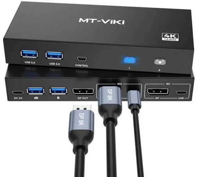 Main image of MT-VIKI 2 Port DP 1.4 KVM Switch 8K@60Hz 4K@144Hz, 4 USB 3.0 Ports for 2 PCs Share 1 Monitor Keyboard Mouse, 2 USB A to C Cables Included