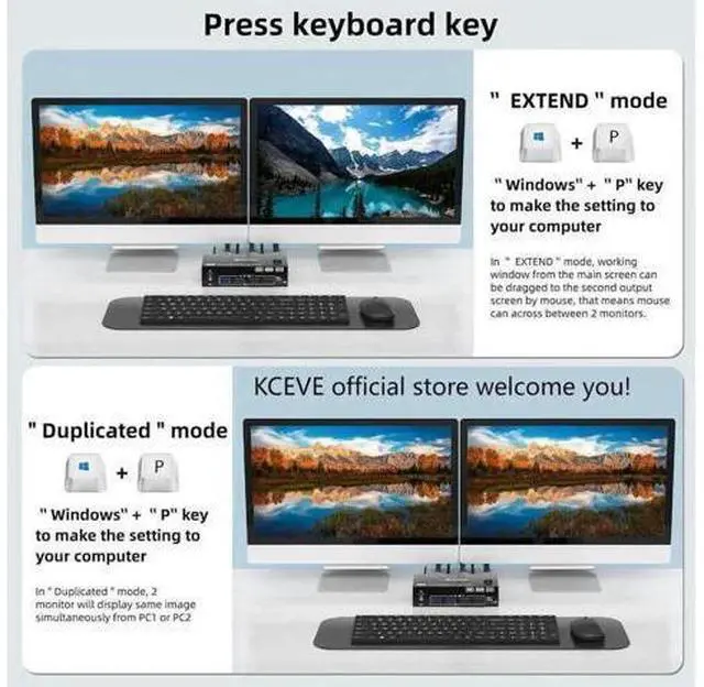 Alt view image 7 of 7 - 2 Port Hybrid HDMI + DP Dual Monitor USB 3.0 KVM Switch, 8K@60Hz, 4 USB3.0 Ports for 2 PCs Sharing 2 Monitors, Keyboard & Mouse