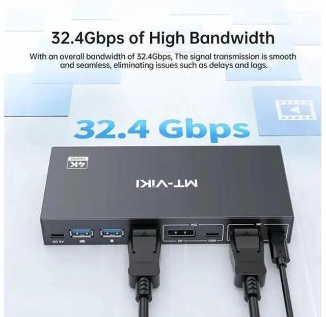 Alt view image 2 of 6 - MT-VIKI 2 Port DP 1.4 KVM Switch 8K@60Hz 4K@144Hz, 4 USB 3.0 Ports for 2 PCs Share 1 Monitor Keyboard Mouse, 2 USB A to C Cables Included