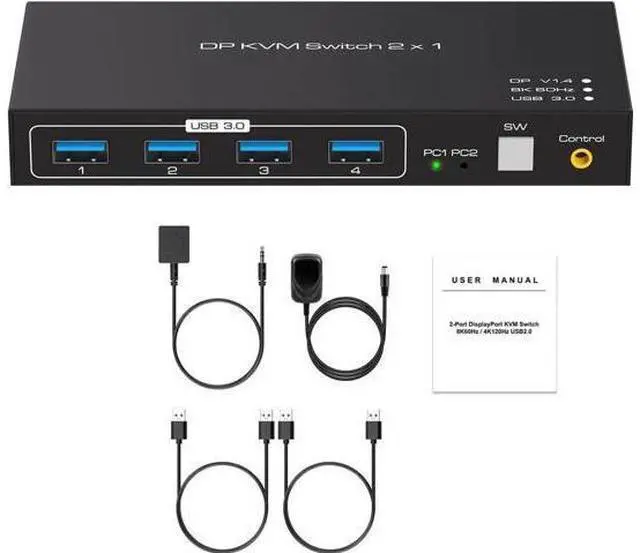 Alt view image 4 of 7 - 2 Port DisplayPort 1.4 USB 3.0 KVM Switch, 8K@60Hz 4K@120Hz 4K@144Hz KVM Switcher with 4 5Gbps USB Ports, FreeSync G-SYNC HDR, Wired Remote Included