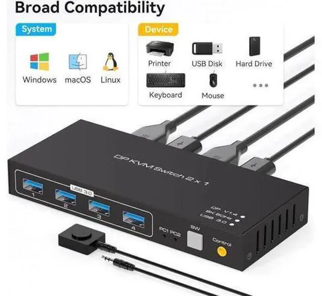 Alt view image 6 of 7 - 2 Port DisplayPort 1.4 USB 3.0 KVM Switch, 8K@60Hz 4K@120Hz 4K@144Hz KVM Switcher with 4 5Gbps USB Ports, FreeSync G-SYNC HDR, Wired Remote Included