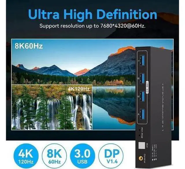 Alt view image 7 of 7 - 2 Port DisplayPort 1.4 USB 3.0 KVM Switch, 8K@60Hz 4K@120Hz 4K@144Hz KVM Switcher with 4 5Gbps USB Ports, FreeSync G-SYNC HDR, Wired Remote Included