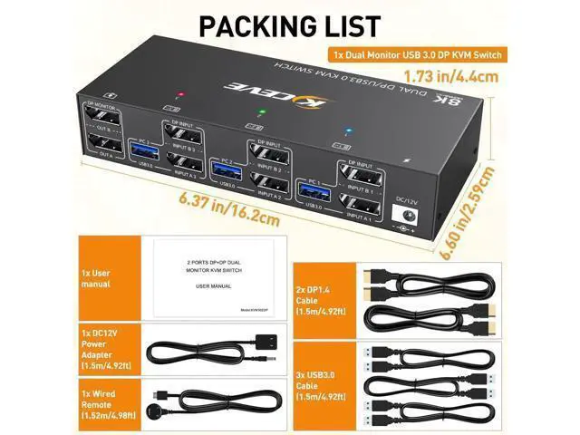 Alt view image 6 of 7 - 3 Port Dual Monitor DP KVM Switch 8K@60Hz, 3 PCs Share 2 DP Screens, USB 3.0 KVM Switch for Keyboard Mouse Sharing