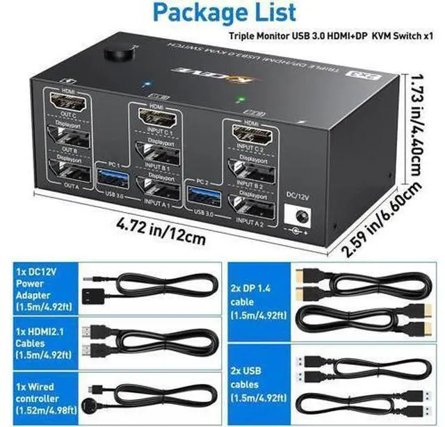 Alt view image 4 of 7 - 2 Port Triple Monitor HDMI+DP KVM Switch, 8K@30Hz 4K@144Hz USB3.0 KVM Switcher with Wired Remote, 4 USB 3.0 Ports for 2 PCs Share 3 Displays