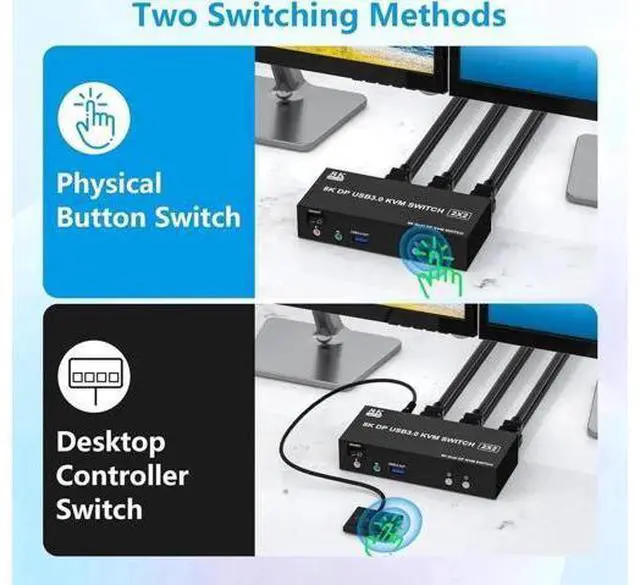 Alt view image 2 of 7 - Dual Monitor DP 1.4 KVM Switch 8K@60Hz 4K@144Hz USB 3.0, Audio & Mic Jack, 3 USB Ports, Mirror & Extended Display Modes for 2 PCs Share 2 Displays