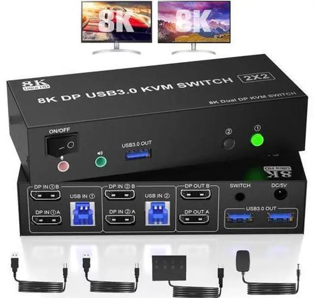 Main image of Dual Monitor DP 1.4 KVM Switch 8K@60Hz 4K@144Hz USB 3.0, Audio & Mic Jack, 3 USB Ports, Mirror & Extended Display Modes for 2 PCs Share 2 Displays