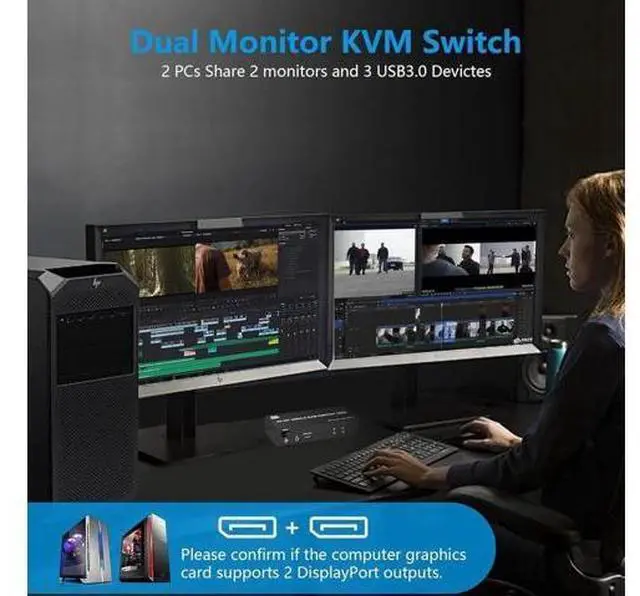 Alt view image 3 of 7 - Dual Monitor DP 1.4 KVM Switch 8K@60Hz 4K@144Hz USB 3.0, Audio & Mic Jack, 3 USB Ports, Mirror & Extended Display Modes for 2 PCs Share 2 Displays