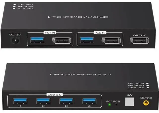 Main image of 2 Port DP 1.4 KVM Switch 8K@60Hz, 4-Port USB 3.0 Hub, Wired Controller for 2 DP Devices Share One Set of Monitor & USB Peripherals