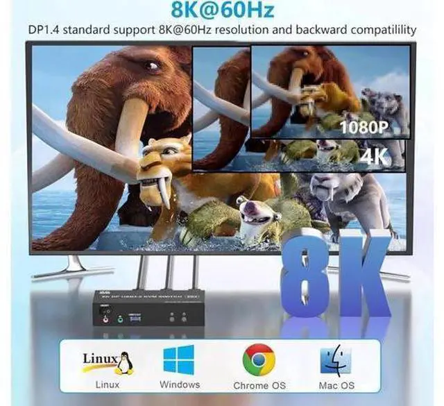 Alt view image 6 of 7 - Dual Monitor DP 1.4 KVM Switch 8K@60Hz 4K@144Hz USB 3.0, Audio & Mic Jack, 3 USB Ports, Mirror & Extended Display Modes for 2 PCs Share 2 Displays