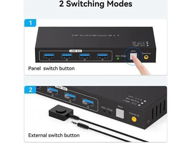 Alt view image 2 of 7 - 2 Port DP 1.4 KVM Switch 8K@60Hz, 4-Port USB 3.0 Hub, Wired Controller for 2 DP Devices Share One Set of Monitor & USB Peripherals
