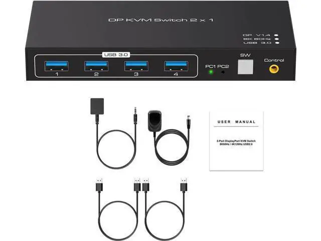 Alt view image 6 of 7 - 2 Port DP 1.4 KVM Switch 8K@60Hz, 4-Port USB 3.0 Hub, Wired Controller for 2 DP Devices Share One Set of Monitor & USB Peripherals