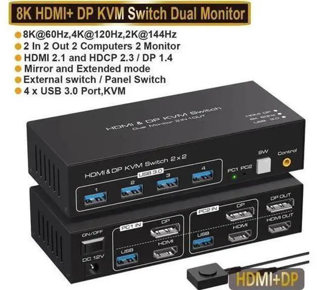 Main image of 2 Port Dual Monitor HDMI+DP KVM Switch 8K@60Hz, 2 PCs Share 2 Screens, 4 USB 3.0 Ports, Copy Extended Display & Desktop Button Control