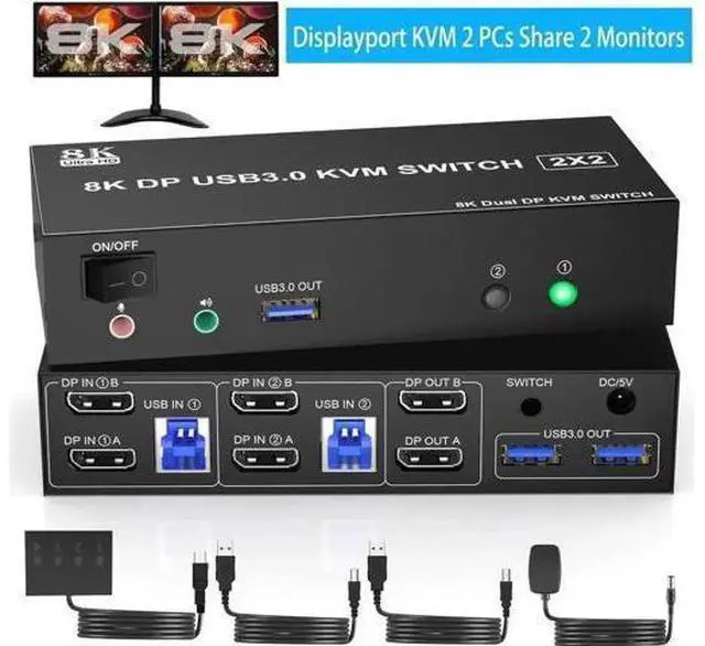 Main image of 2 Port DP 1.4 Dual Monitor USB 3.0 KVM Switch 8K@60Hz, Audio & Microphone Ports, 3 USB3.0 Ports, Wired Remote & 2 USB Cables Included for 2 PCs
