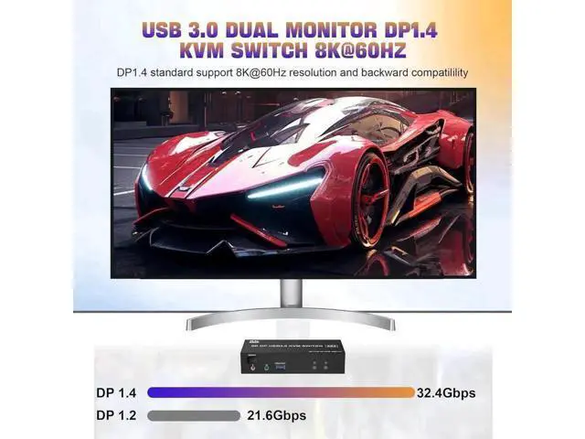 Alt view image 5 of 7 - 2 Port DP 1.4 Dual Monitor USB 3.0 KVM Switch 8K@60Hz, Audio & Microphone Ports, 3 USB3.0 Ports, Wired Remote & 2 USB Cables Included for 2 PCs