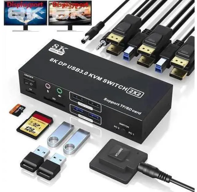 Main image of 2-Port Dual DP KVM Switch 8K@60Hz 4K@120Hz, USB3.0, Audio & Mic, 4 USB Ports, SD/TF Card Slots
