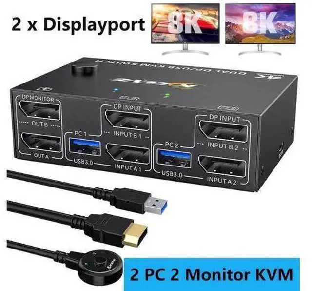 Main image of 2 Port 2×2 Dual Monitor DP USB3.0 KVM Switch, 8K@30Hz / 4K@144Hz, 4 USB3.0 Ports, Wired Remote & USB Cable Included